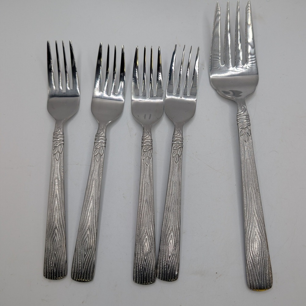 Pfaltzgraff Naturewood 4 Dinner Forks & 1 Serving Wood Grain Stainless Steel 5pc